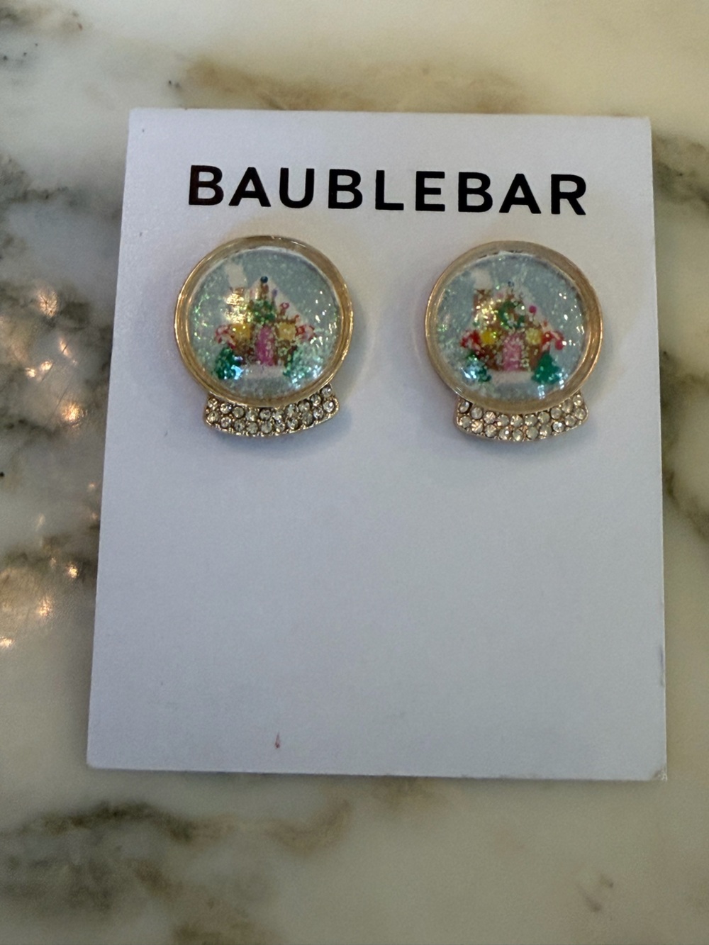 NWT BaubleBar Gold Tone Stud Snow-Globe Ornament Gingerbread House Earrings